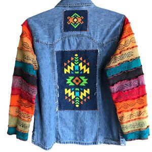 Upcycled Denim Jacket, Size M: Hand-Painted Aztec Patches, Colorful Sleeves